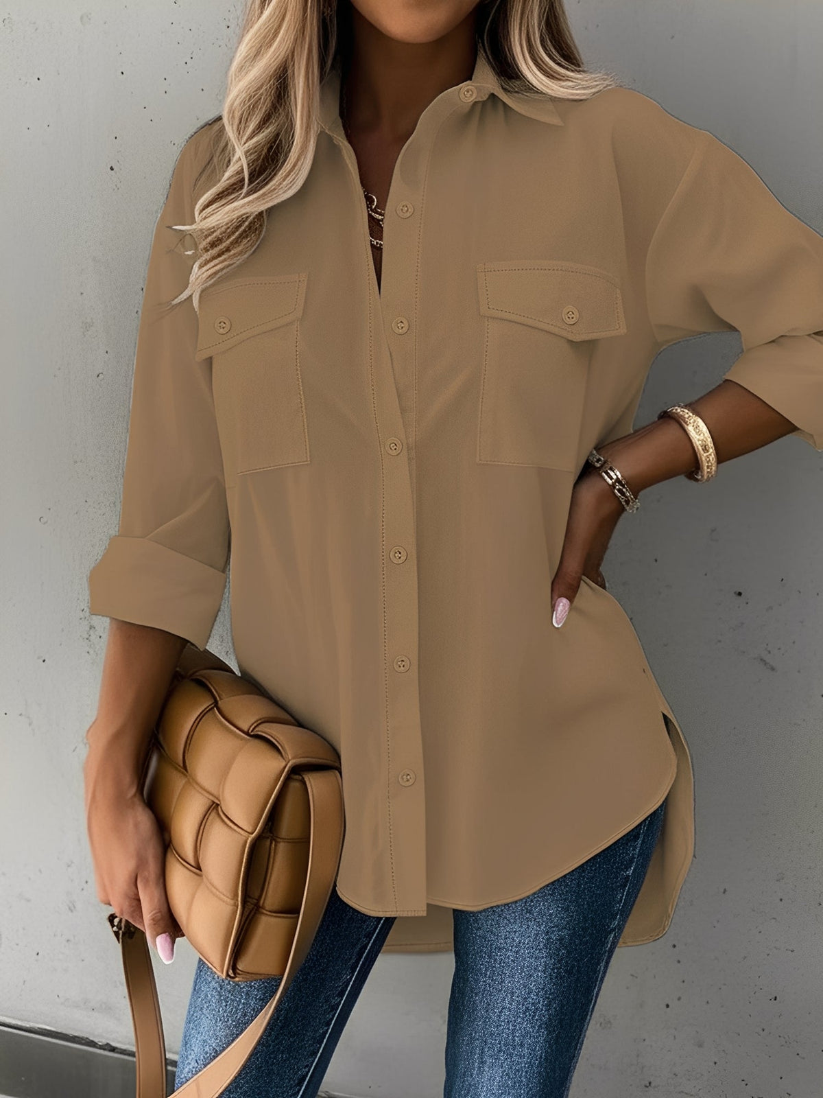 Versatile Long Sleeve Collared Pockets Side Slit Shirt