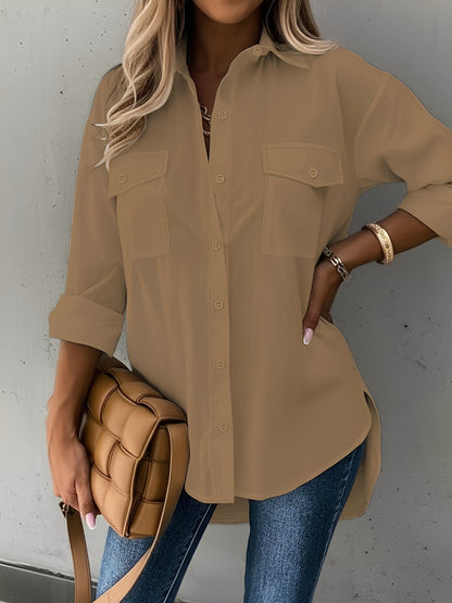 Versatile Long Sleeve Collared Pockets Side Slit Shirt