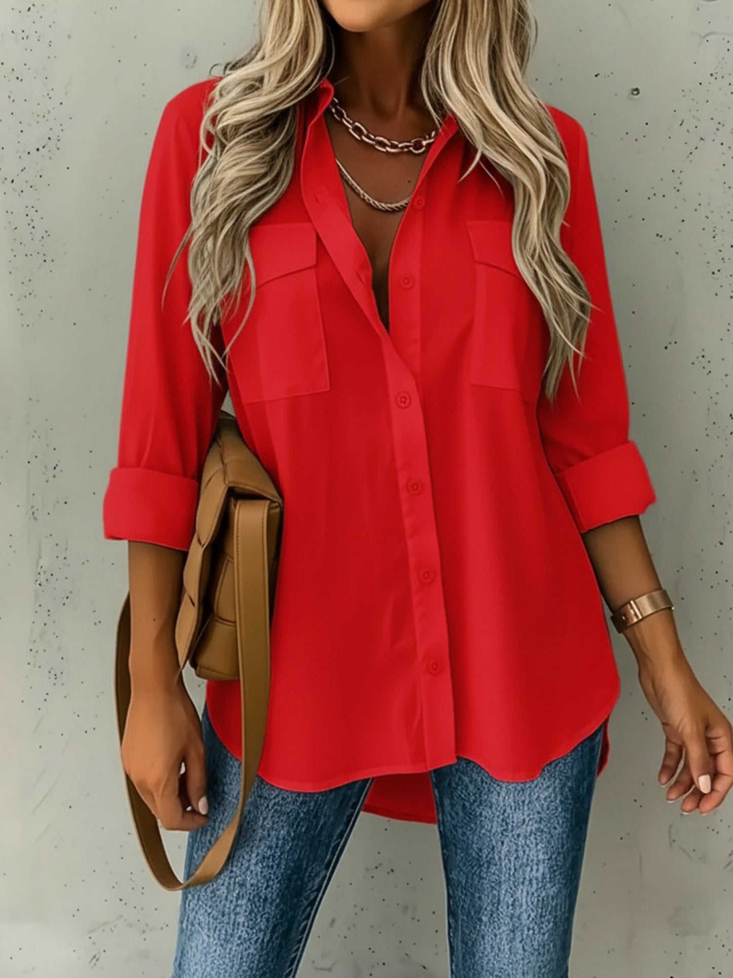 Versatile Long Sleeve Collared Pockets Side Slit Shirt