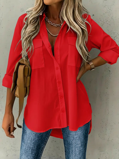 Versatile Long Sleeve Collared Pockets Side Slit Shirt