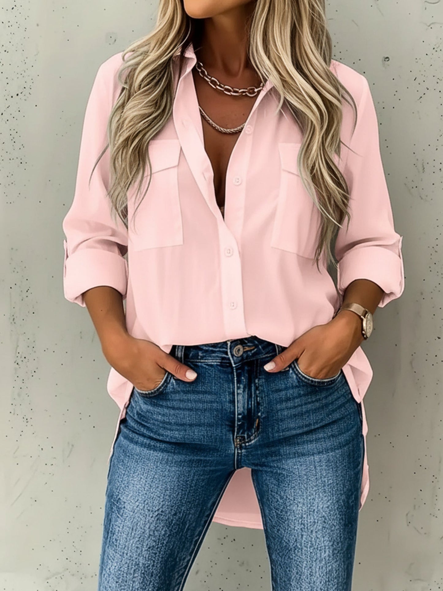 Versatile Long Sleeve Collared Pockets Side Slit Shirt