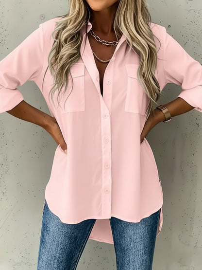 Versatile Long Sleeve Collared Pockets Side Slit Shirt