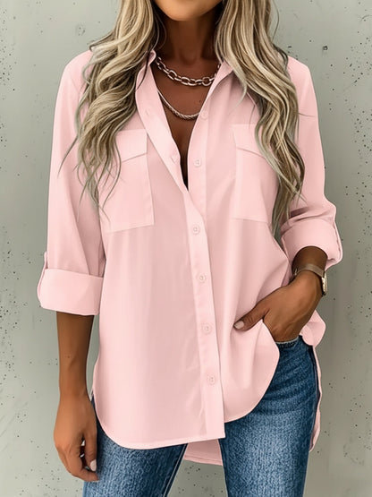 Versatile Long Sleeve Collared Pockets Side Slit Shirt