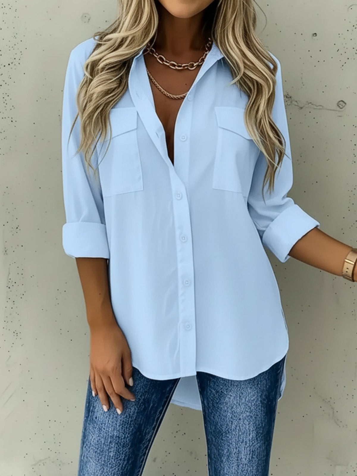 Versatile Long Sleeve Collared Pockets Side Slit Shirt