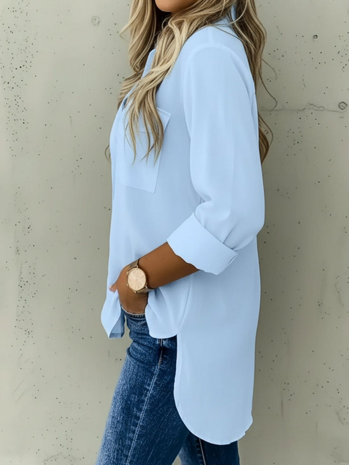 Versatile Long Sleeve Collared Pockets Side Slit Shirt