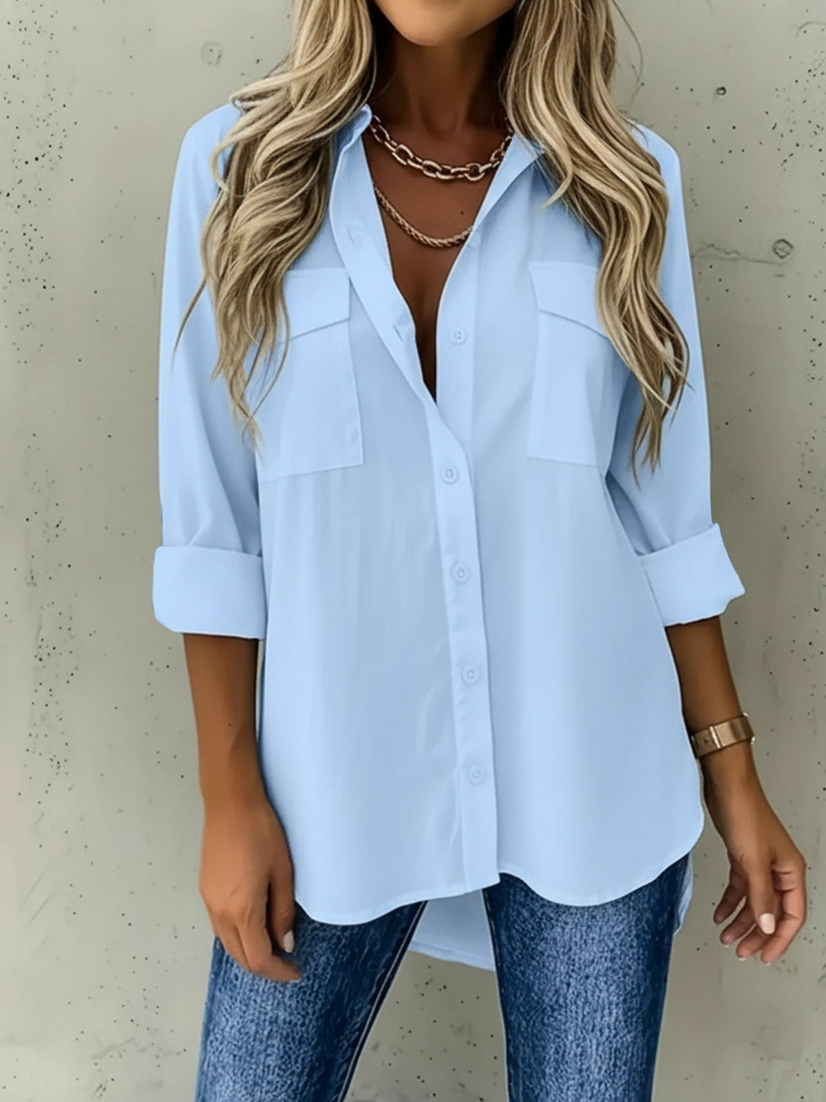 Versatile Long Sleeve Collared Pockets Side Slit Shirt