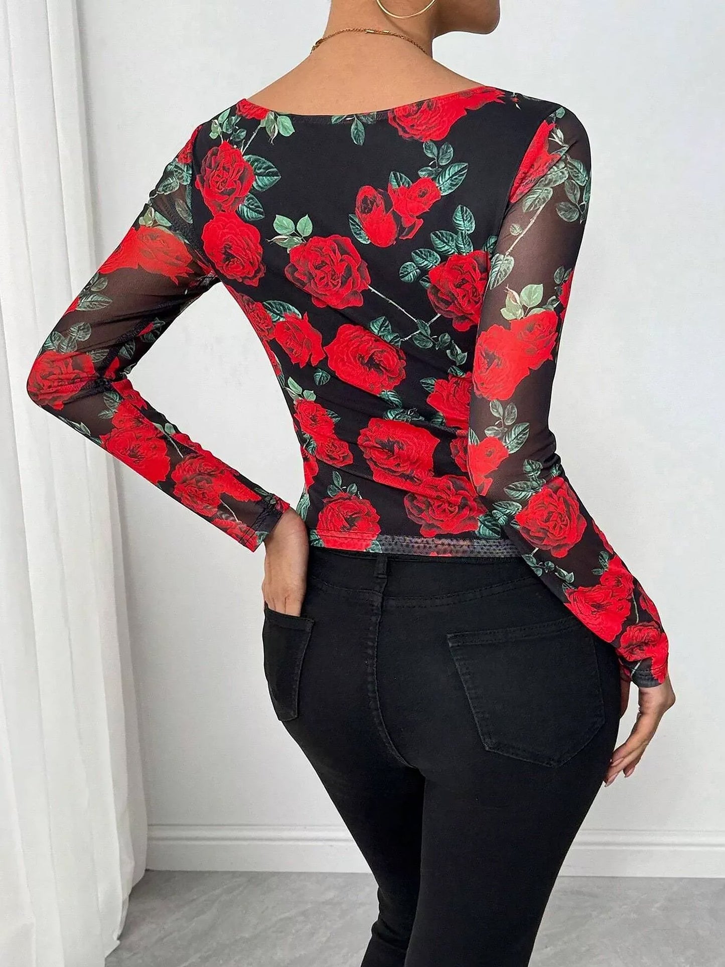 Floral Print Mesh U Neck Long Sleeves Blouse