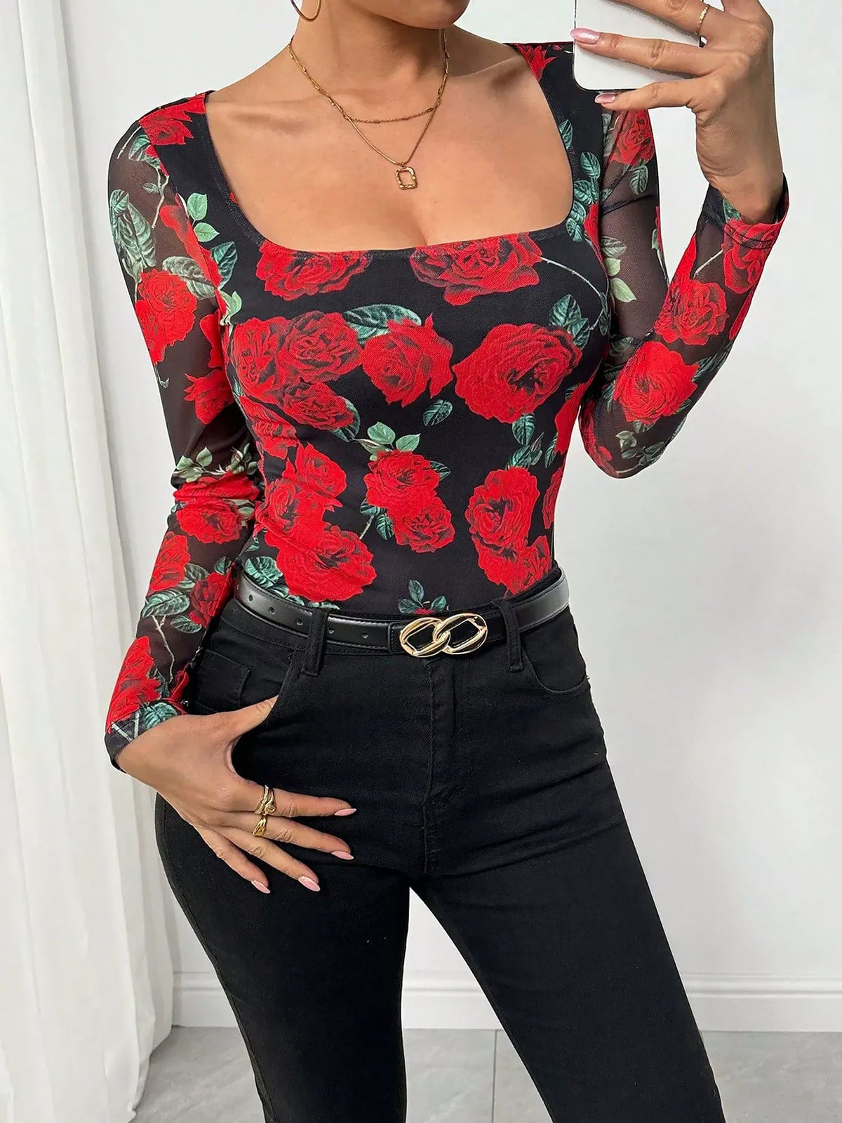 Floral Print Mesh U Neck Long Sleeves Blouse