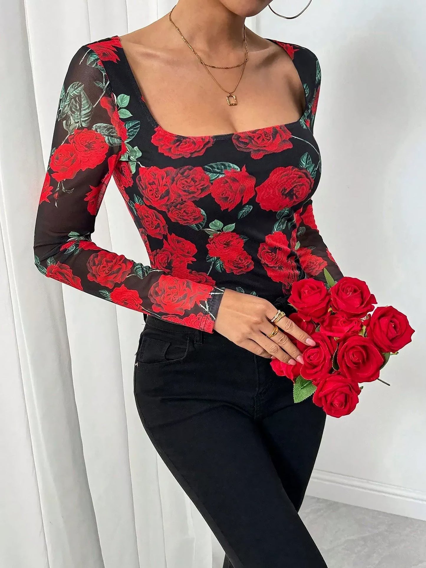 Floral Print Mesh U Neck Long Sleeves Blouse