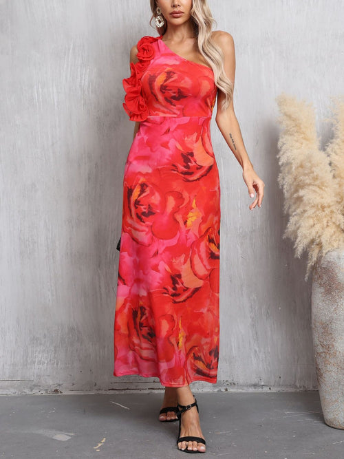3D Floral Sleeveless One Shoulder Maxi Dress