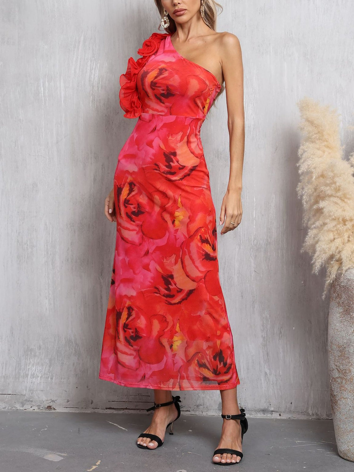 3D Floral Sleeveless One Shoulder Maxi Dress