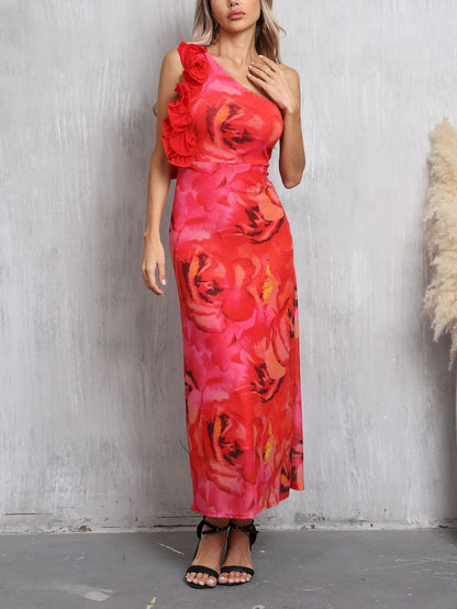 3D Floral Sleeveless One Shoulder Maxi Dress