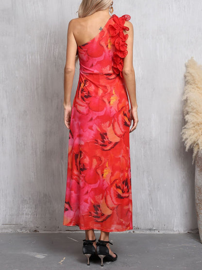 3D Floral Sleeveless One Shoulder Maxi Dress