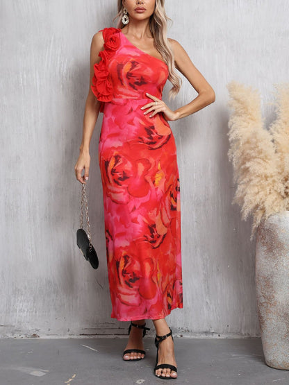 3D Floral Sleeveless One Shoulder Maxi Dress