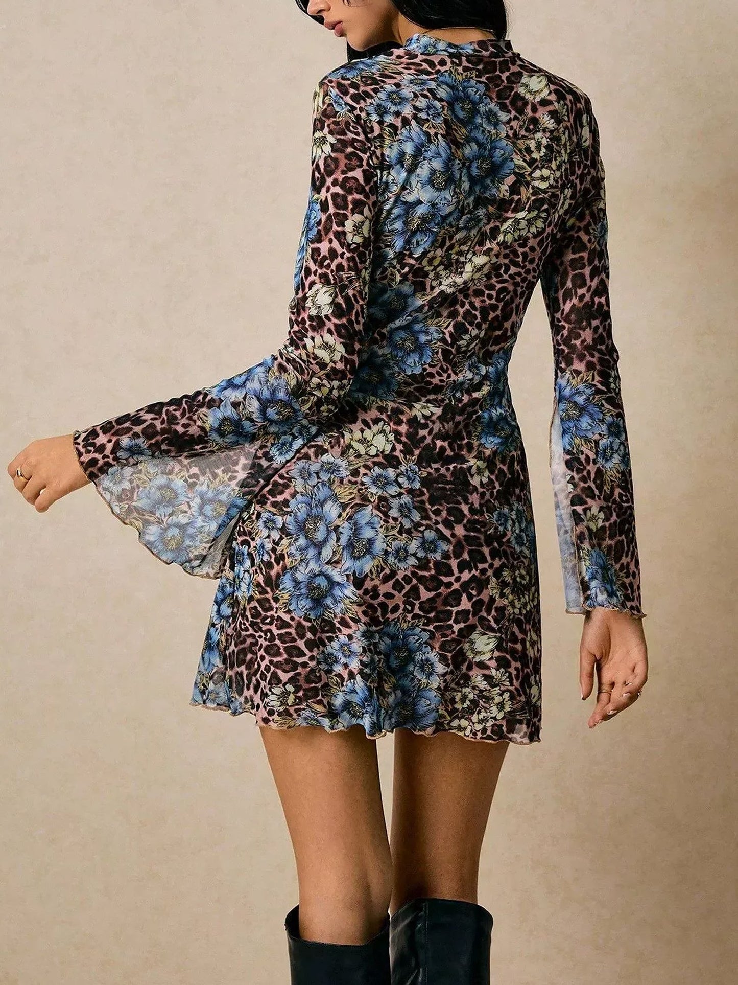 Mock Neck Split Sleeves Leopard Floral Mini Dress
