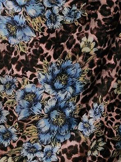 Mock Neck Split Sleeves Leopard Floral Mini Dress