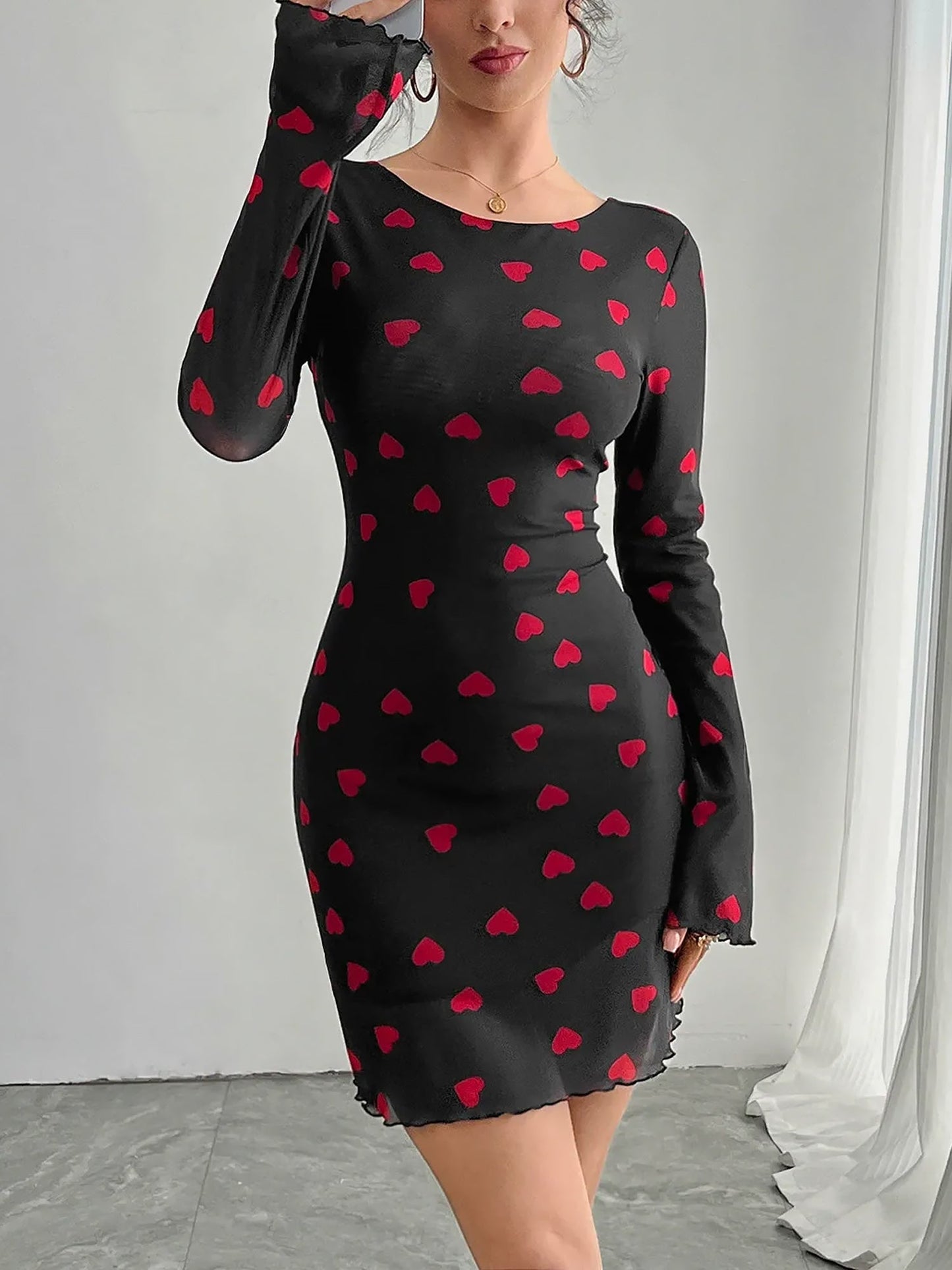 Heart Print Flared Sleeve Backless Mesh Bodycon Dress