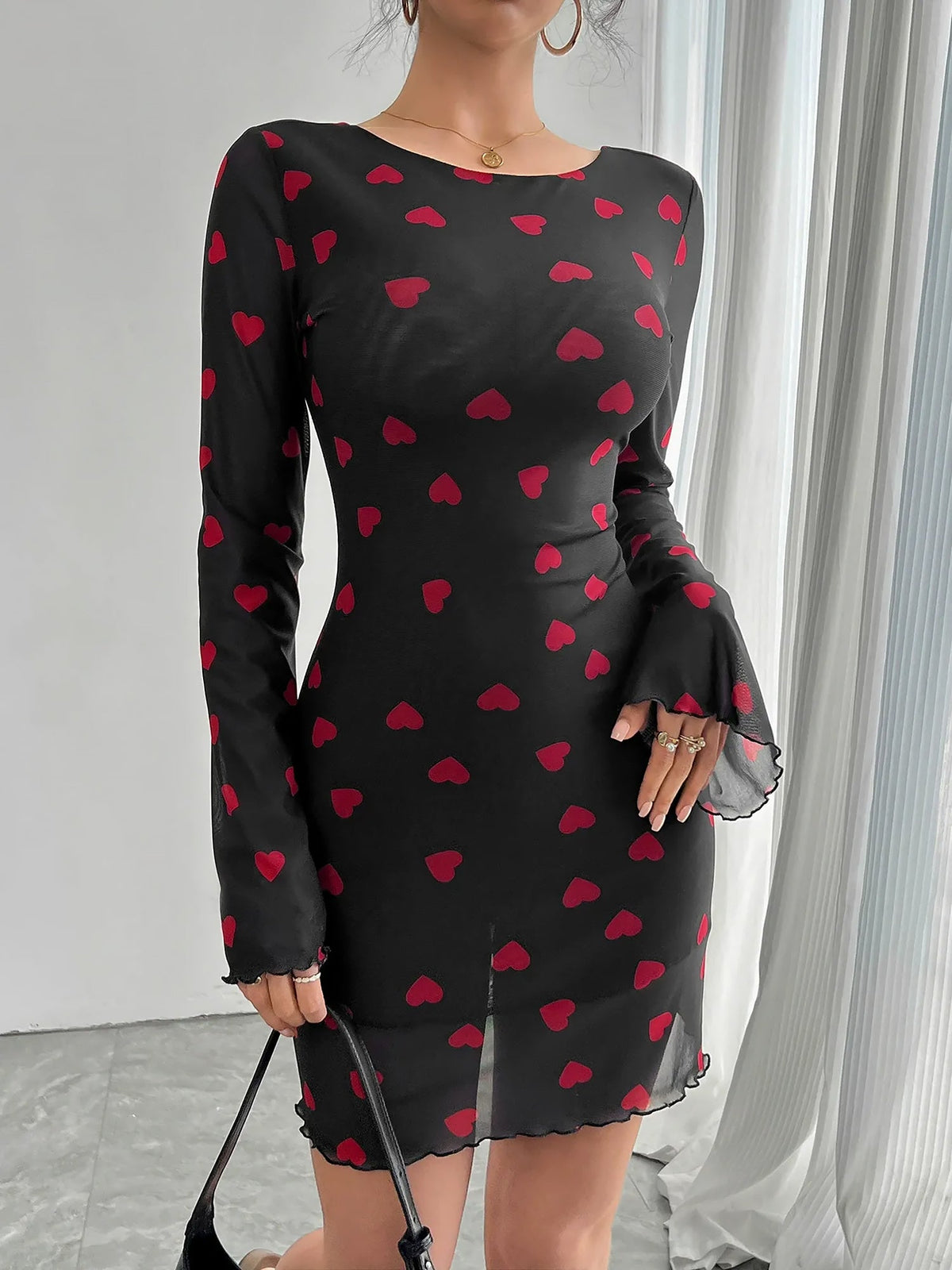 Heart Print Flared Sleeve Backless Mesh Bodycon Dress