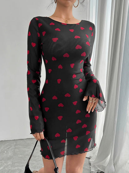 Heart Print Flared Sleeve Backless Mesh Bodycon Dress