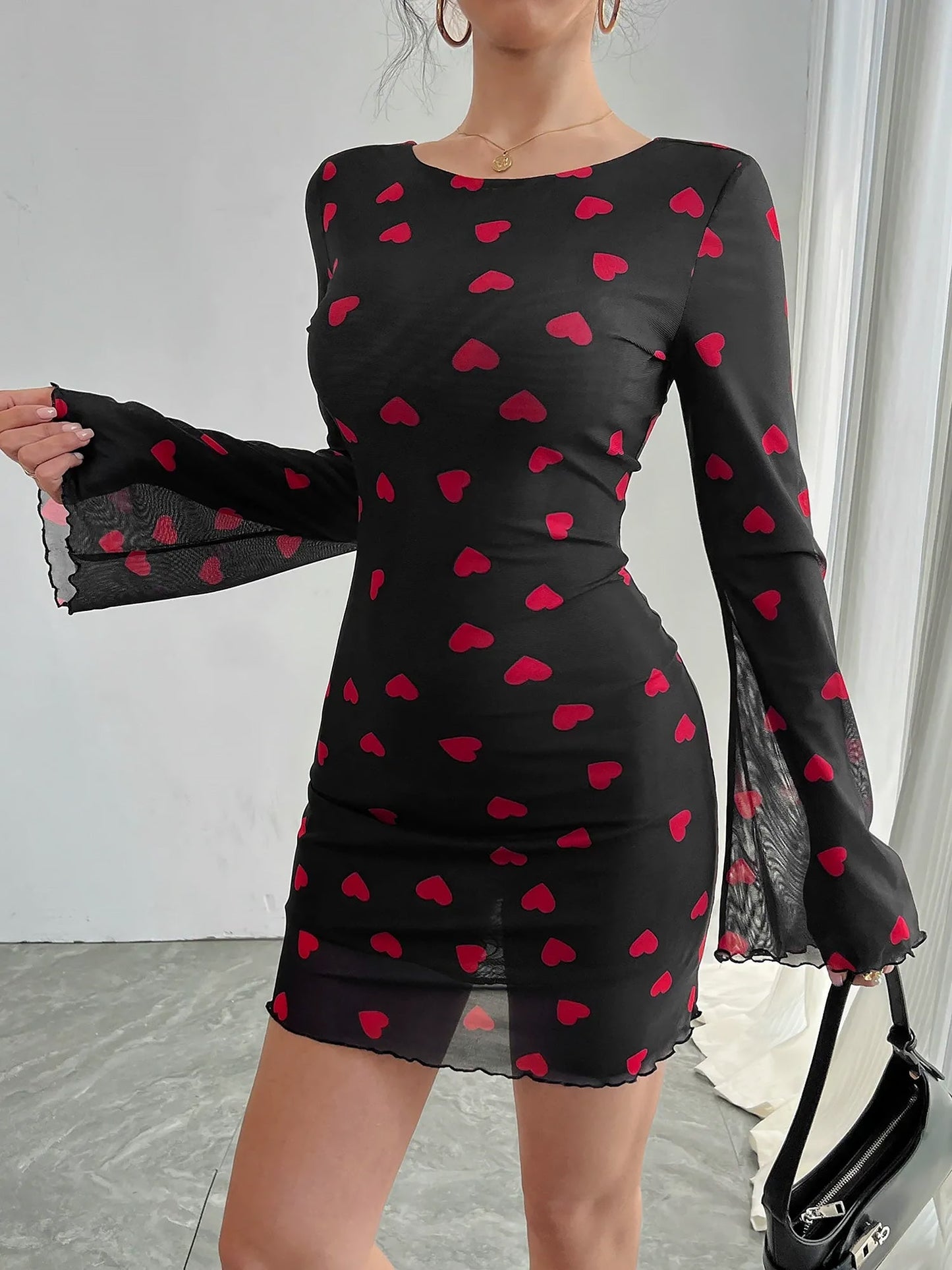 Heart Print Flared Sleeve Backless Mesh Bodycon Dress