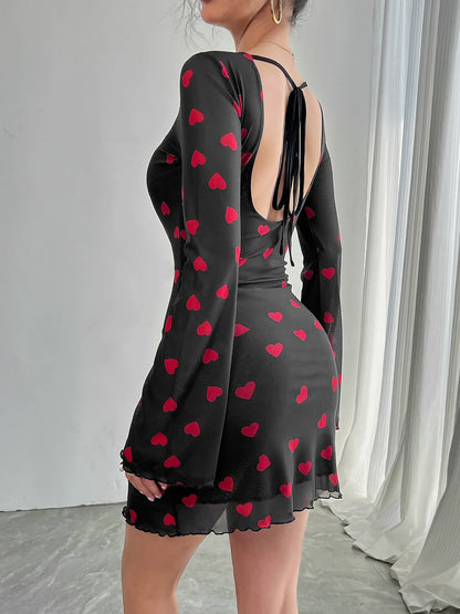 Heart Print Flared Sleeve Backless Mesh Bodycon Dress