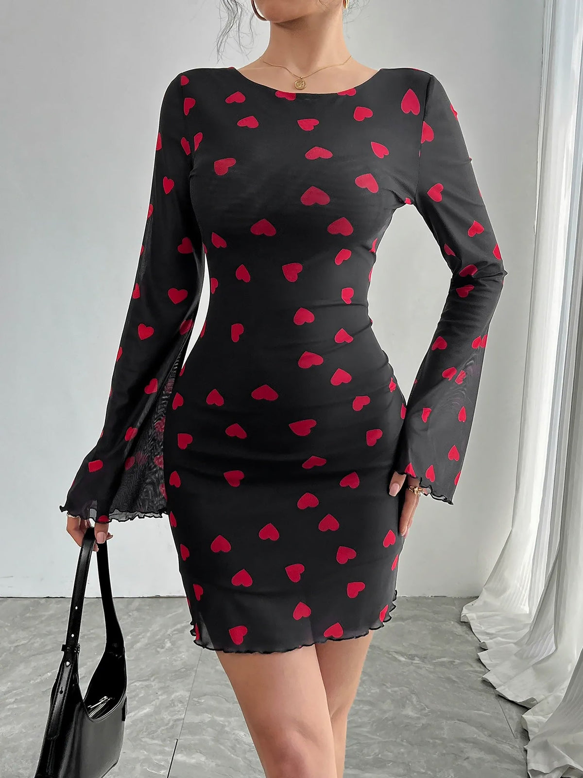 Heart Print Flared Sleeve Backless Mesh Bodycon Dress