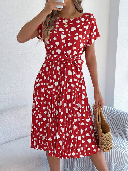 Heart Print Round Neck Pleated A-Line Midi Dress