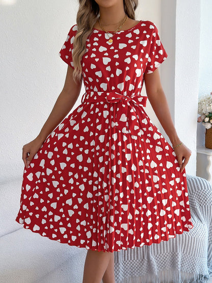 Heart Print Round Neck Pleated A-Line Midi Dress