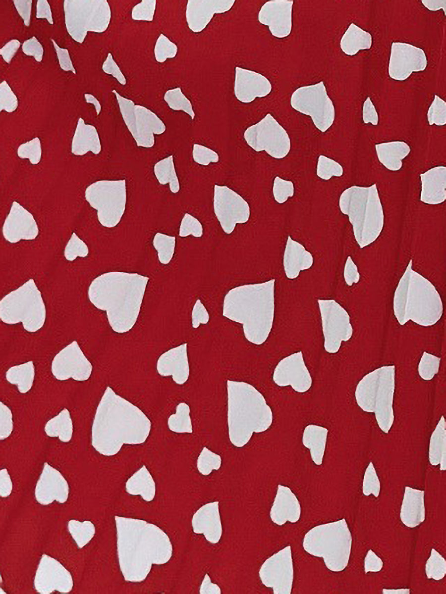 Heart Print Round Neck Pleated A-Line Midi Dress