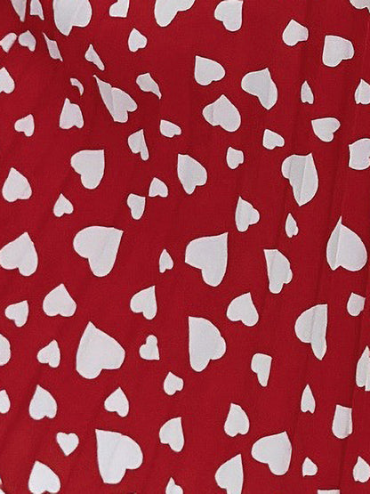 Heart Print Round Neck Pleated A-Line Midi Dress