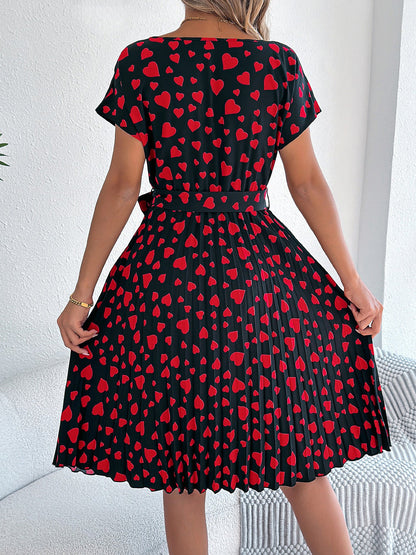 Heart Print Round Neck Pleated A-Line Midi Dress