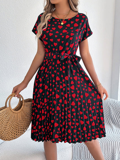 Heart Print Round Neck Pleated A-Line Midi Dress
