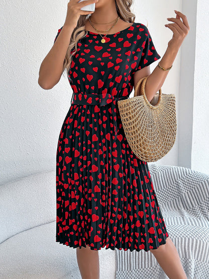 Heart Print Round Neck Pleated A-Line Midi Dress