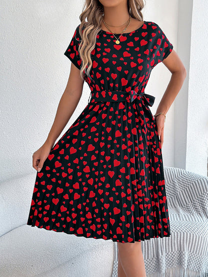 Heart Print Round Neck Pleated A-Line Midi Dress