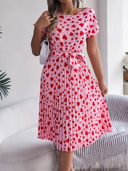 Heart Print Round Neck Pleated A-Line Midi Dress