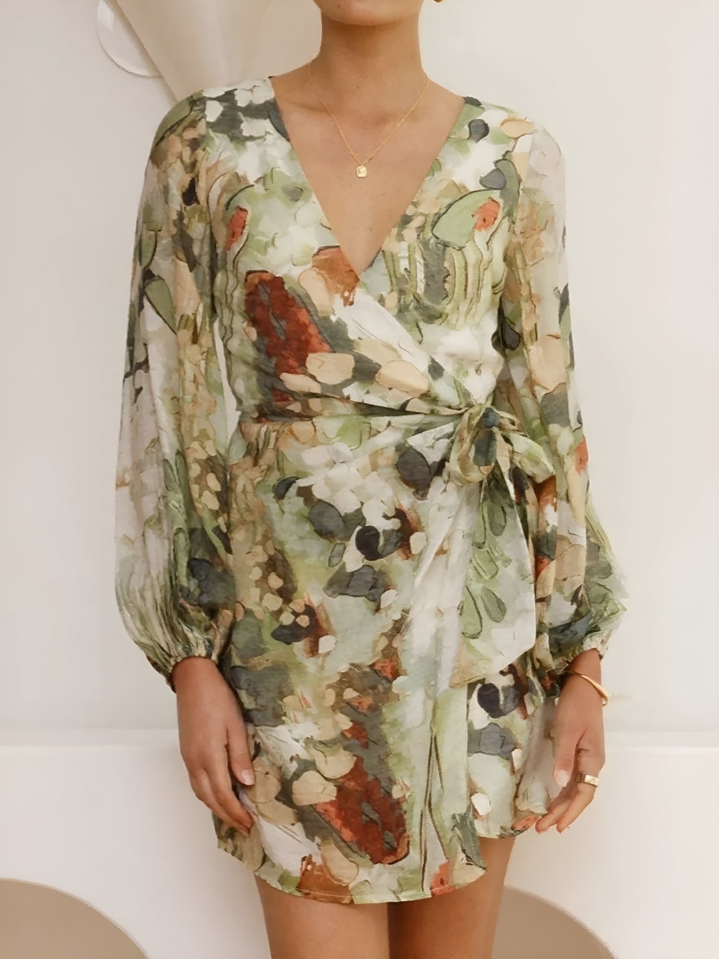 V Neck Puff Sleeve Printed Casual Mini Wrap Dress