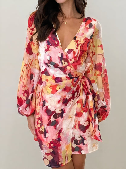 V Neck Puff Sleeve Printed Casual Mini Wrap Dress