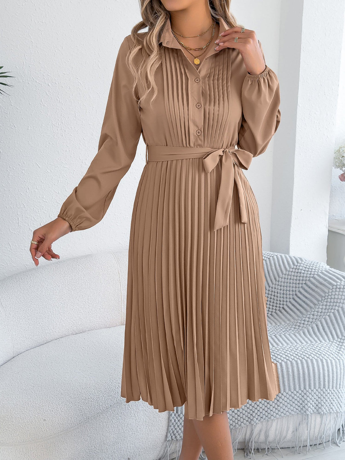 Collared Long Sleeve Belted Pleated Midi Shirt Dress