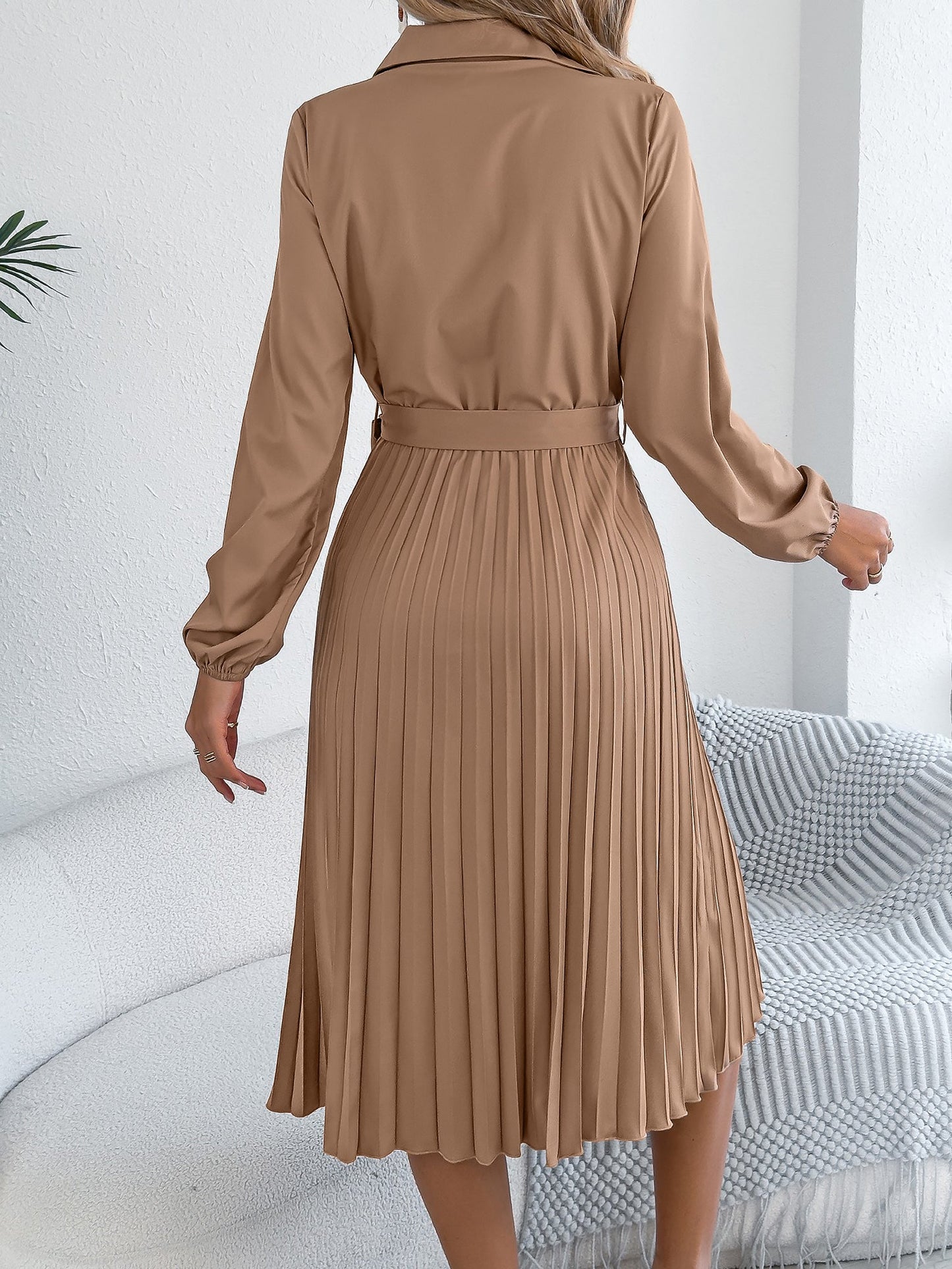 Collared Long Sleeve Belted Pleated Midi Shirt Dress