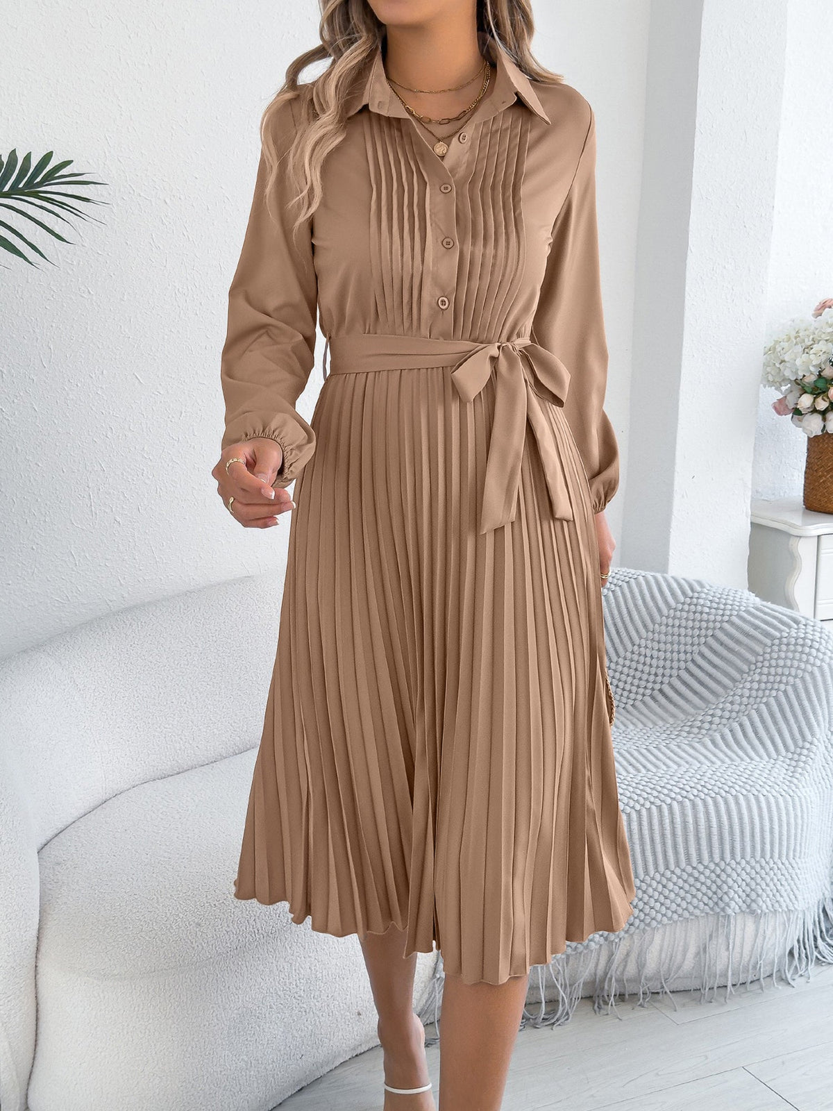 Collared Long Sleeve Belted Pleated Midi Shirt Dress