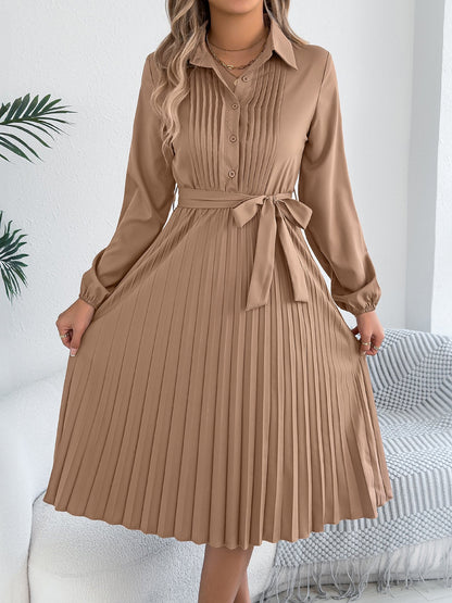 Collared Long Sleeve Belted Pleated Midi Shirt Dress