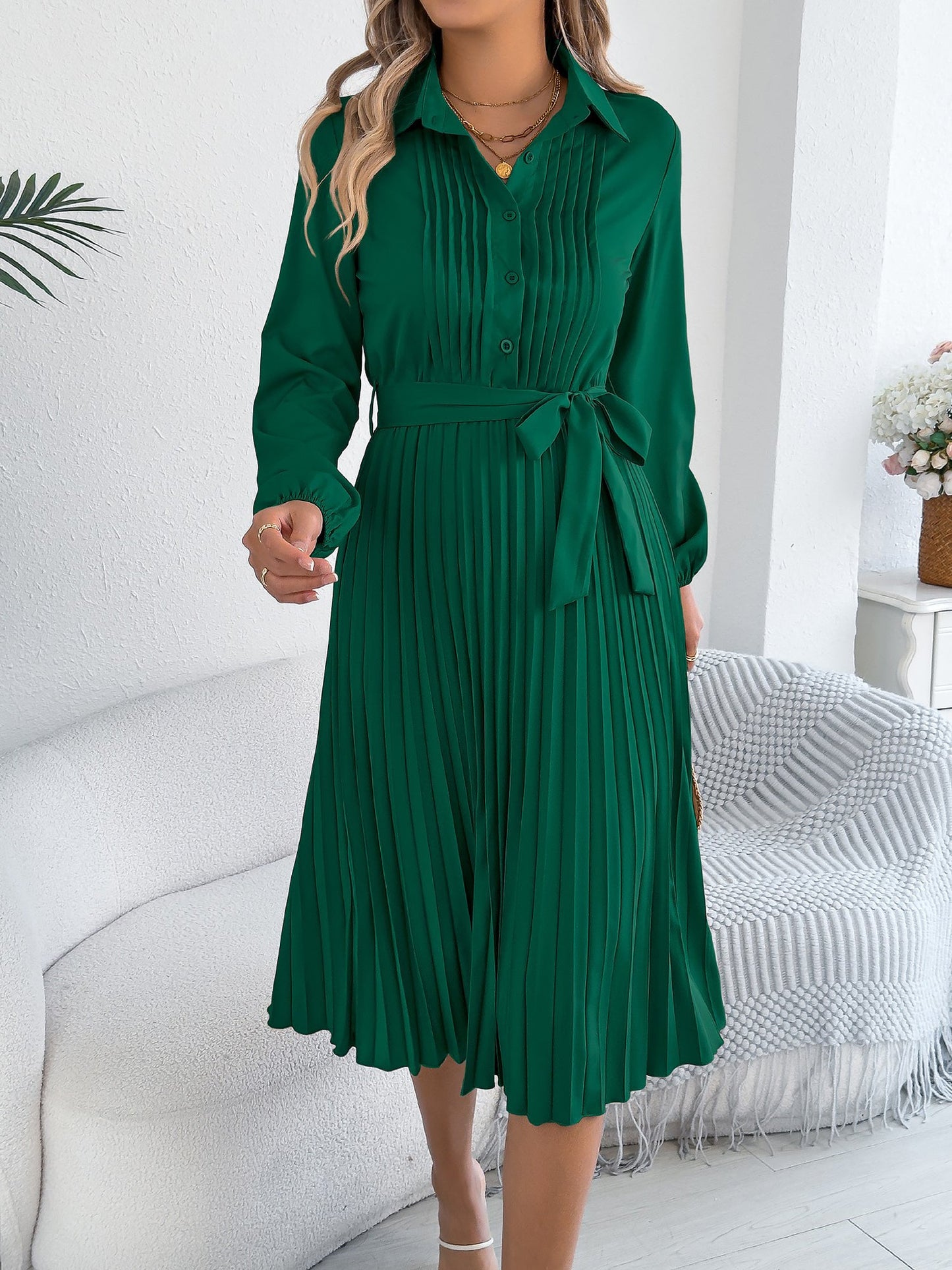 Collared Long Sleeve Belted Pleated Midi Shirt Dress