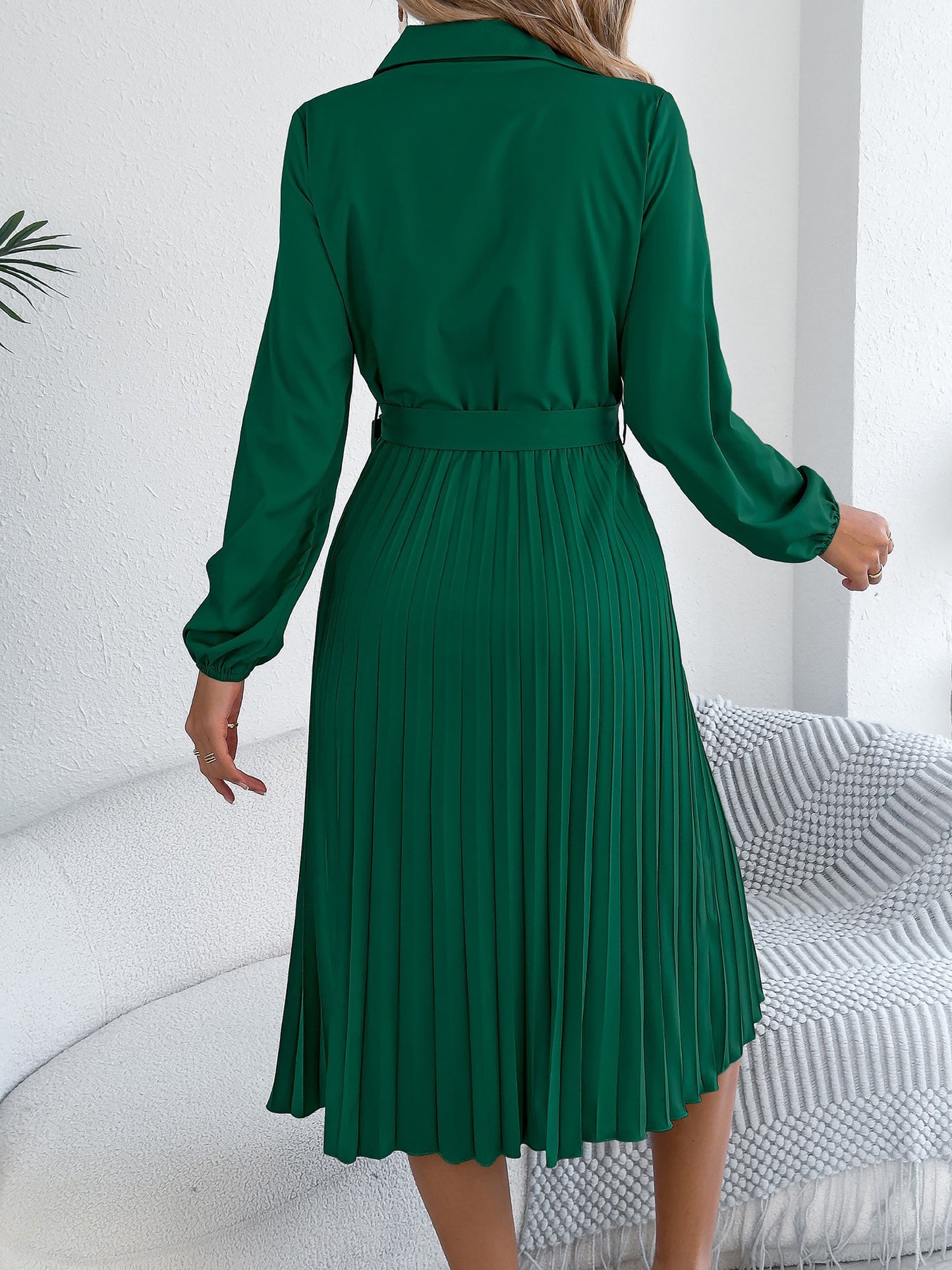 Collared Long Sleeve Belted Pleated Midi Shirt Dress
