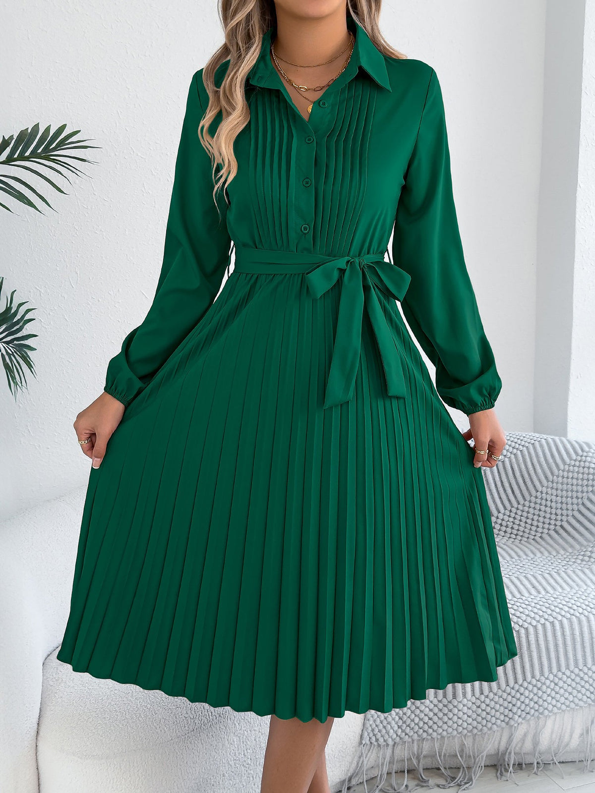 Collared Long Sleeve Belted Pleated Midi Shirt Dress