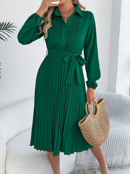 Collared Long Sleeve Belted Pleated Midi Shirt Dress