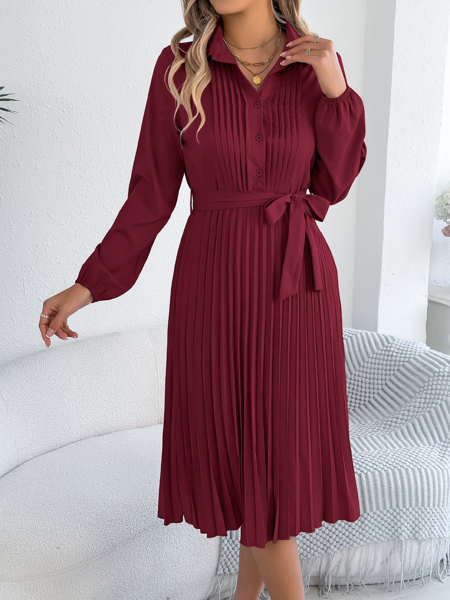 Collared Long Sleeve Belted Pleated Midi Shirt Dress