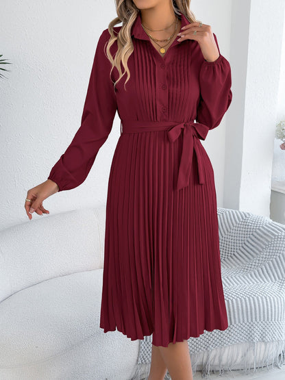 Collared Long Sleeve Belted Pleated Midi Shirt Dress