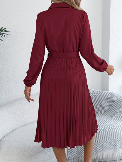 Collared Long Sleeve Belted Pleated Midi Shirt Dress