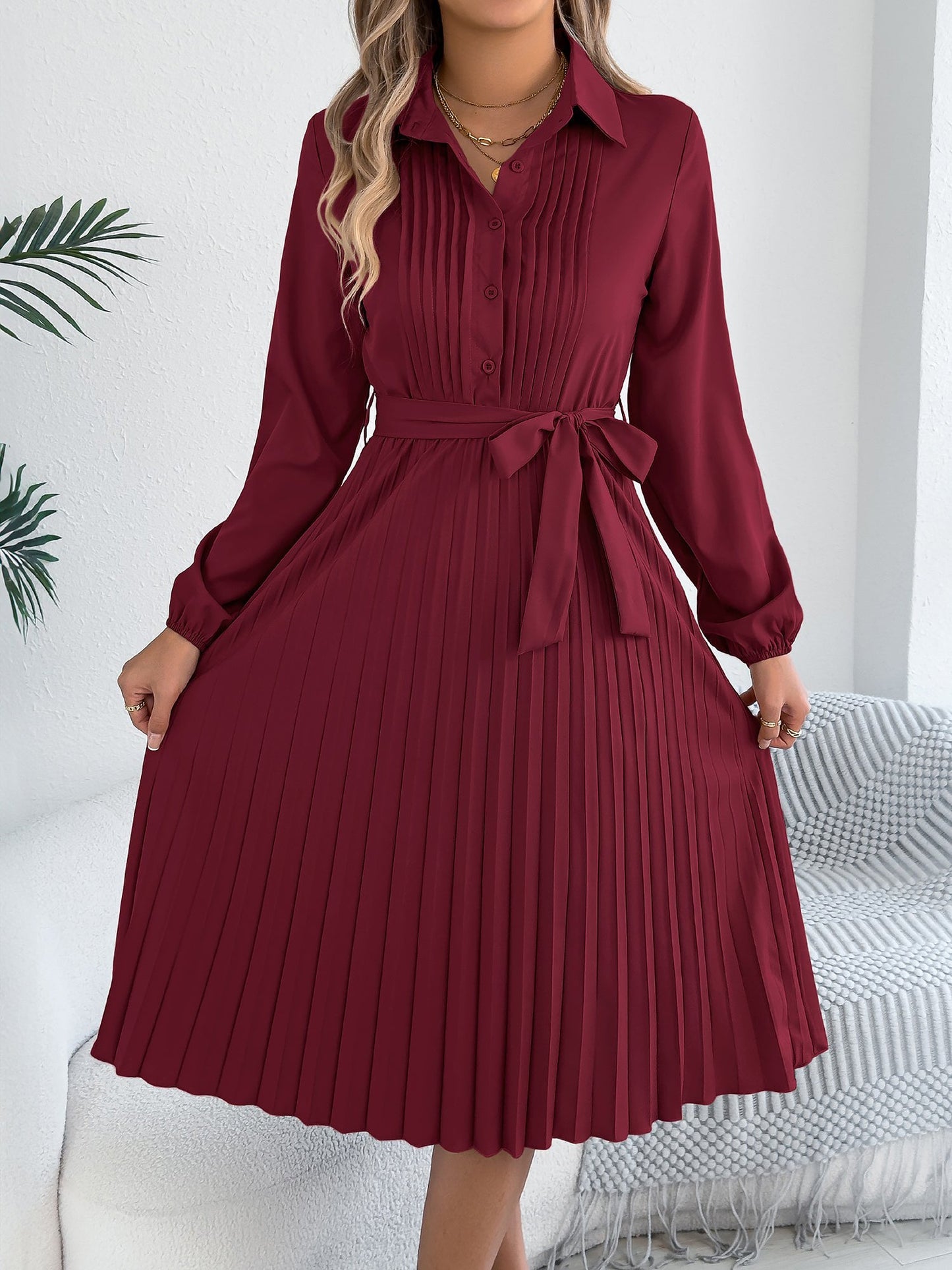 Collared Long Sleeve Belted Pleated Midi Shirt Dress