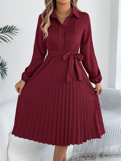 Collared Long Sleeve Belted Pleated Midi Shirt Dress